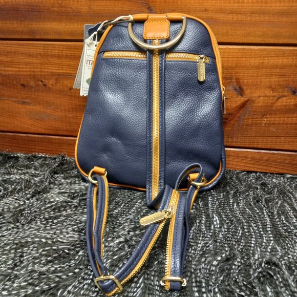 Valentina Genuine Italian Leather Backpack, Convertible Straps, Navy/Tan Trim. main image 5